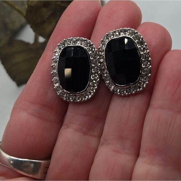"5/$25" Black Faceted Silvertone Rhinestone Stud Earrings - Picture 4 of 6
